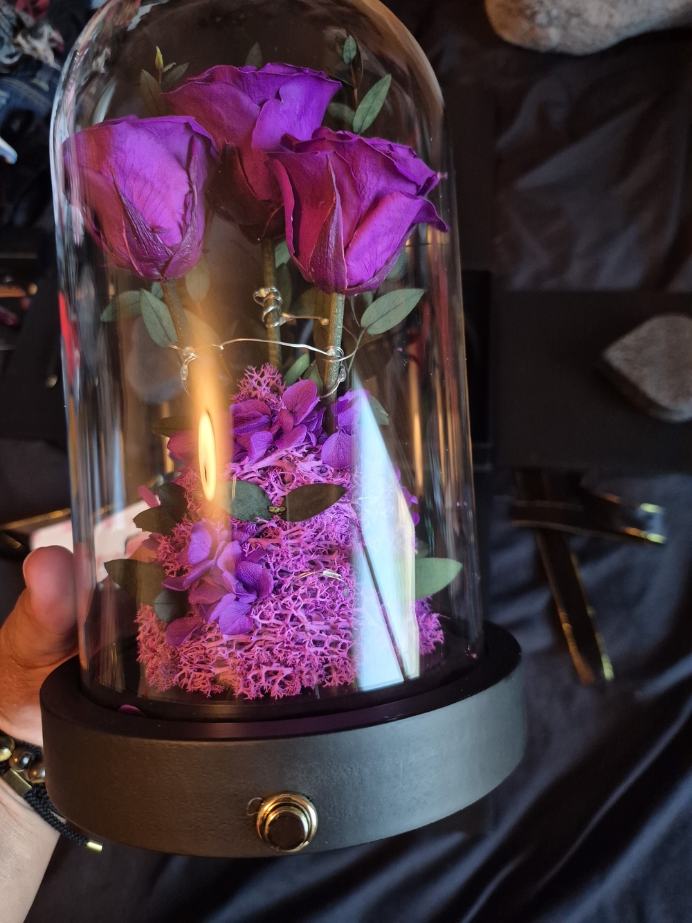 Glass Dome Floral Display with Preserved Purple Roses